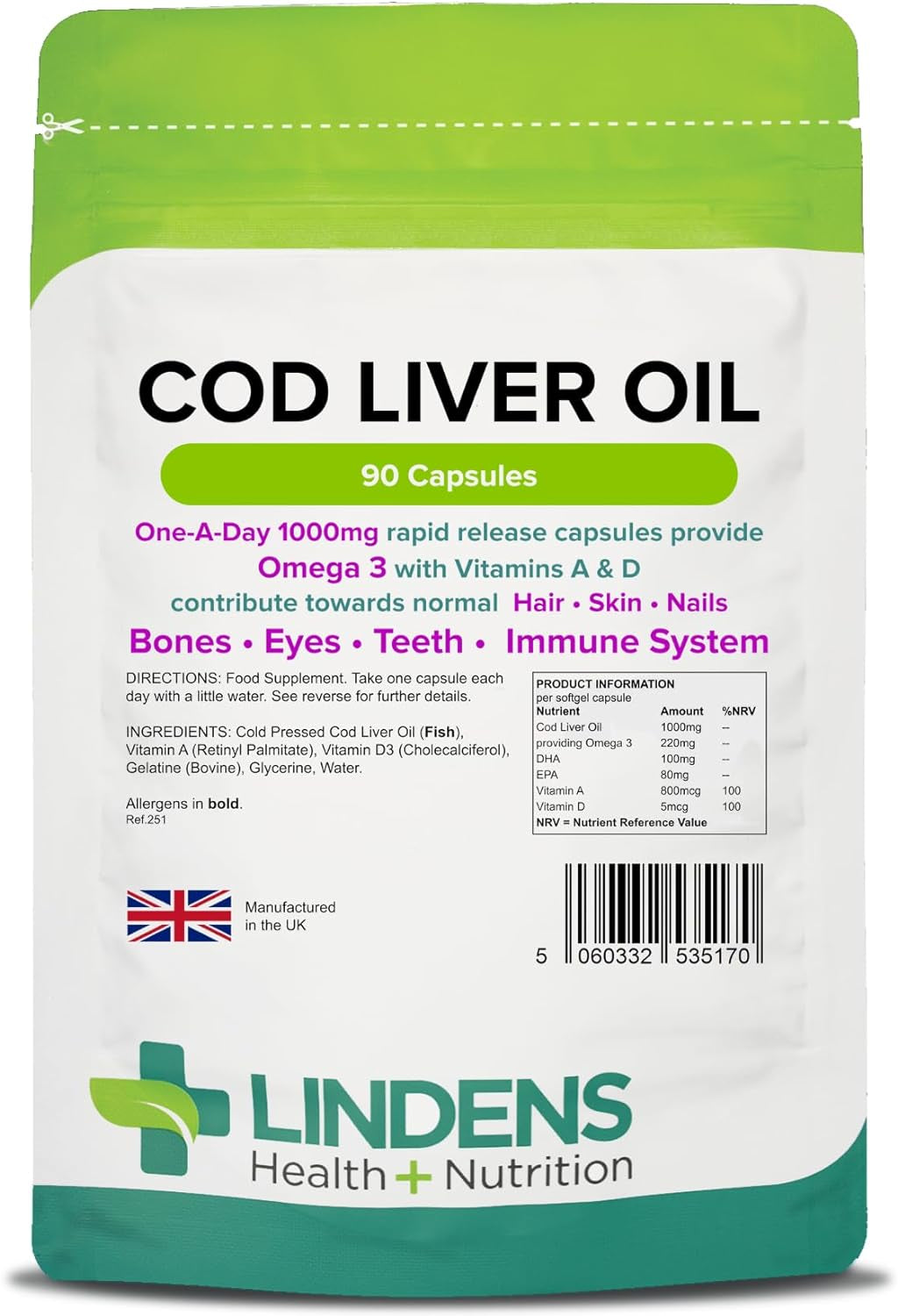 - Cod Liver Oil 1000Mg - 90 Capsules - UK Made - Omega 3 with Vitamins a & D - for Normal Skin, Hair, Nails, Bones & Vision, Brain & Immune Function - Letterbox Friendly