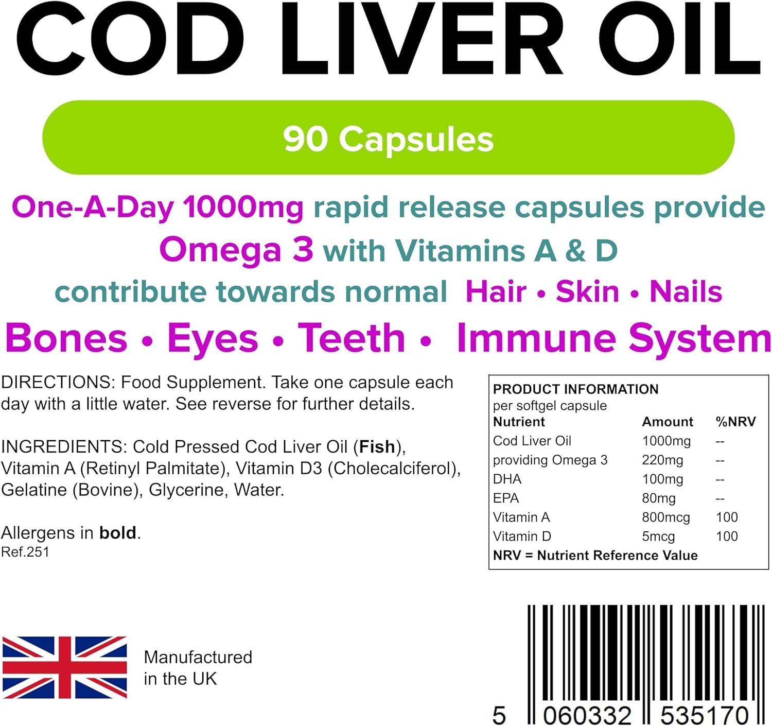 - Cod Liver Oil 1000Mg - 90 Capsules - UK Made - Omega 3 with Vitamins a & D - for Normal Skin, Hair, Nails, Bones & Vision, Brain & Immune Function - Letterbox Friendly